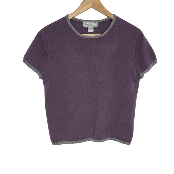 Vintage Saks Fifth Ave Short Sleeve Cashmere Sweater Purple Crew Neck Cropped - Picture 1 of 8